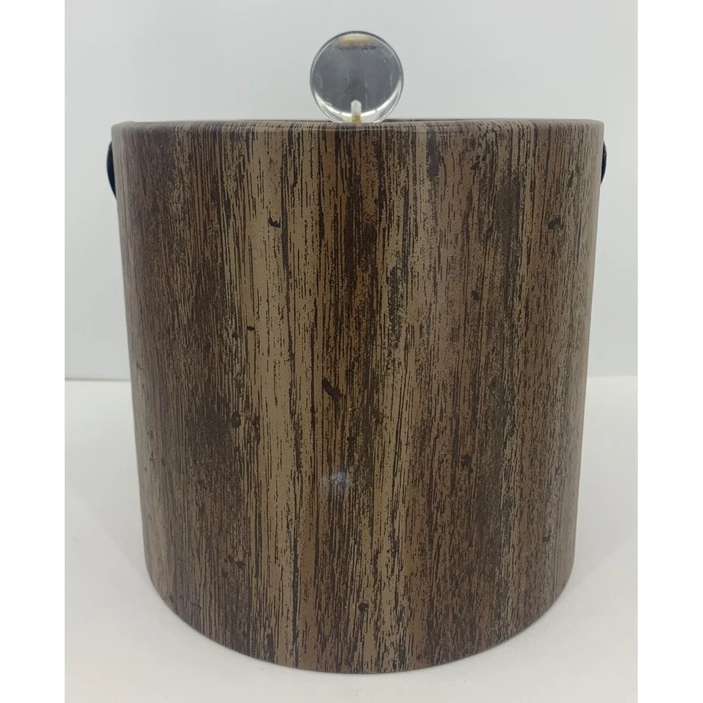 Vintage Irvinware Ice Bucket MCM Bar Ware Vinyl Wood Grain Lucite Handle 7.5